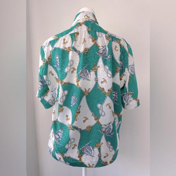 Vintage ‘80s All Hours Sailboat & Anchor Print Short Sleeve Collared Blouse - Picture 6 of 10